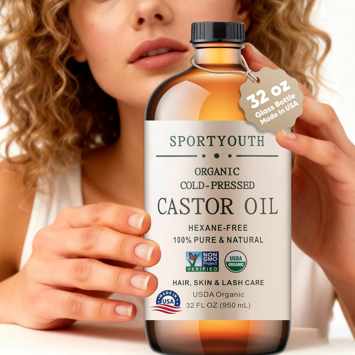SPORTYOUTH Organic Castor Oil Cold Pressed Hexane Free USDA Certified 100% Pure Unrefined Glass Bottle 32 oz Carrier Oil for Hair Growth, Scalp, Castor Oil Pack, Eyelashes, Brows, Skin, Face, Body