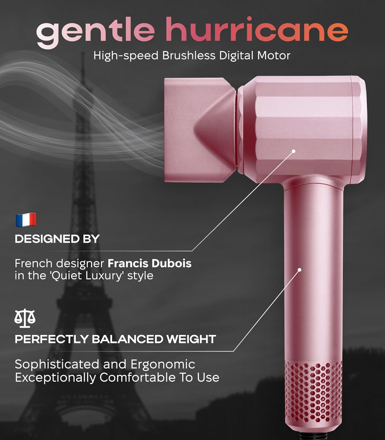 Ionic Hair Dryer Premium Quality, High-Speed Professional Brushless Motor 110,000 RPM, 1600W Power, 9 ft Long Cord and Magnetic Nozzle, Lightweight Blow Dryer, Ultra Quiet Fast Drying (Pink)