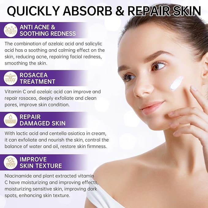Azelaic Acid 12% Cream For Face, Azelaic Acid Acne Cream For Rosacea Treatment, Redness Relief, 2PCS Azelaic Acid Serum With Salicylic Acid & Niacinamide For Dark Spot, Skin Care.