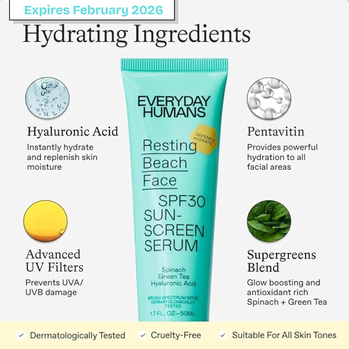 Everyday Humans SPF30 Resting Beach Face Sunscreen Serum for Women, 1.7oz PA +++ | Sheer, Light Glow Finish with Hyaluronic Acid | Make-Up Primer Face SPF Moisturizer For All Skin Types