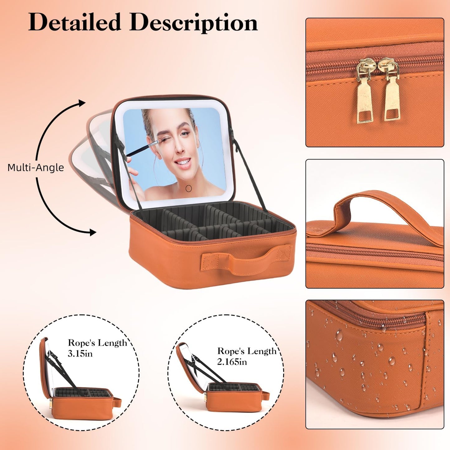 Travel Makeup Bag With LED Mirror,Cosmetic Train Case with 3 Color Setting,Cosmetic Makeup Organizer Bag with Adjustable Dividers,Portable Make up Box with Make up Brushes Holder Storage（Caramel）