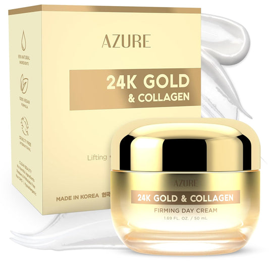Azure Cosmetics 24K Gold & Collagen Face Moisturizer - Dermatologist Tested, Anti-Aging Face Cream - Skin Tightening, Fine Lines and Wrinkles Treatment - Korean Skin Care - All Skin Type - 1.69 fl oz