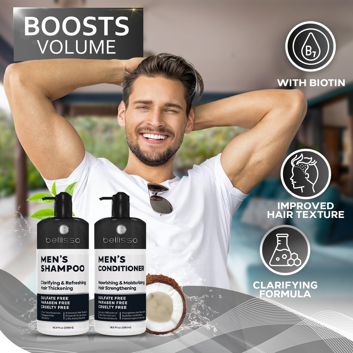 Mens Shampoo and Conditioner Set - Sulfate Free and Clarifying - For Men with Oily to Normal Hair - Moisturizing and Thickening - Biotin, Keratin, Tea Tree Oil, Caffeine and Peppermint for Dandruff