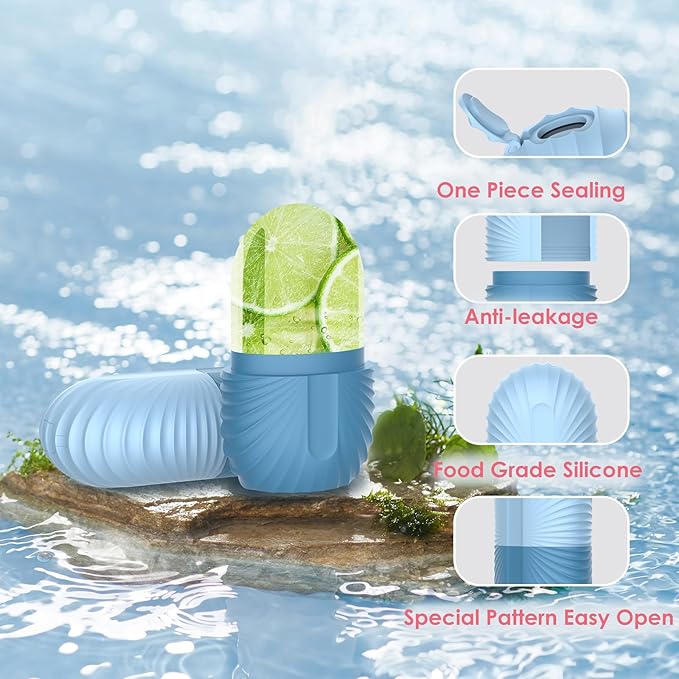 Ice Face Roller, Silicone Facial Ice Roller, Reusable Skin Care Massager Tools for Relieve Puffiness, Tighten Skin, Shrink Pores Shell Blue