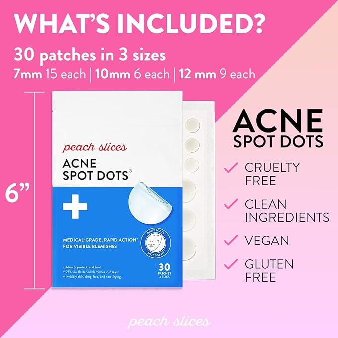 Peach Slices | Acne Spot Dots | Hydrocolloid Acne Patches | For Zits, Blemishes, & Breakouts | Vegan | Cruelty-Free | Pimple Patches | Facial Skin Care Products | 3 Sizes (7mm, 10mm, & 12mm) | 30 Ct