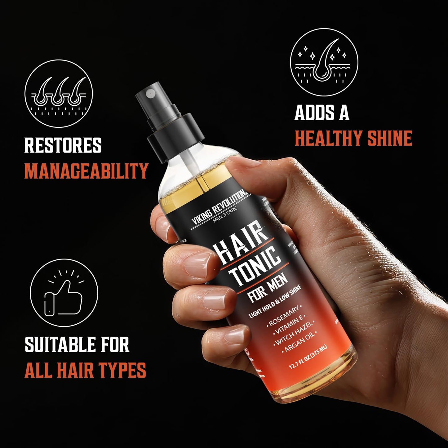 Viking Revolution Hair Tonic Men (12.7oz) - Hair Spray for Men with Sandalwood Scent - Texture Spray with Rosemary, Argan Oil, and Witch Hazel - Light Hold and Low Shine for Styling and Grooming