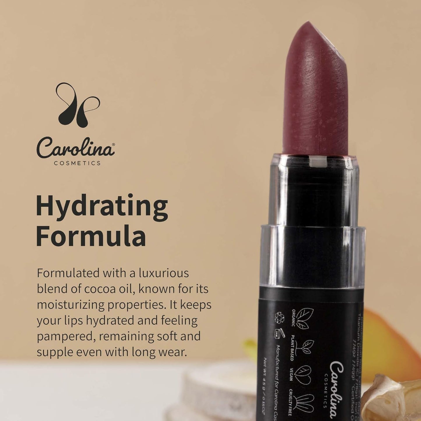 Carolina COSMETICS - Plant-Based Moisturizing Lipstick - Destiny Shade 0.15oz- Hydrating with Cocoa Oil, Gluten-Free, Vegan, Non-GMO, Paraben-Free - Lightweight Cream Texture