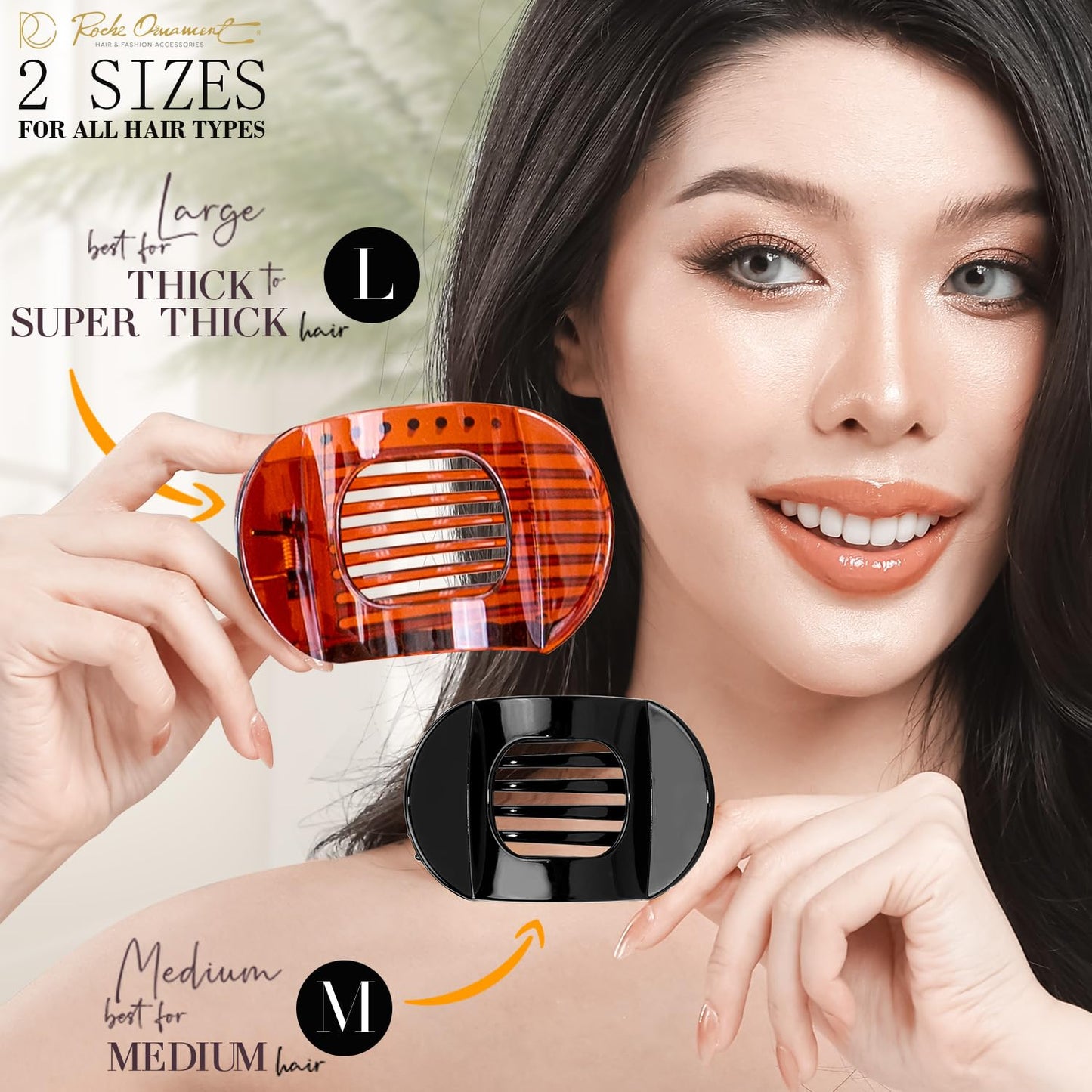 RC ROCHE 6 Pcs Flat Claw Hair Clips for Women Thick Hair French Round Duckbill Square Secure Strong Hold Grip Clamps Barrettes Curved No Slip No Crease Styling Cute Jumbo XL, Large Clear Brown & Black