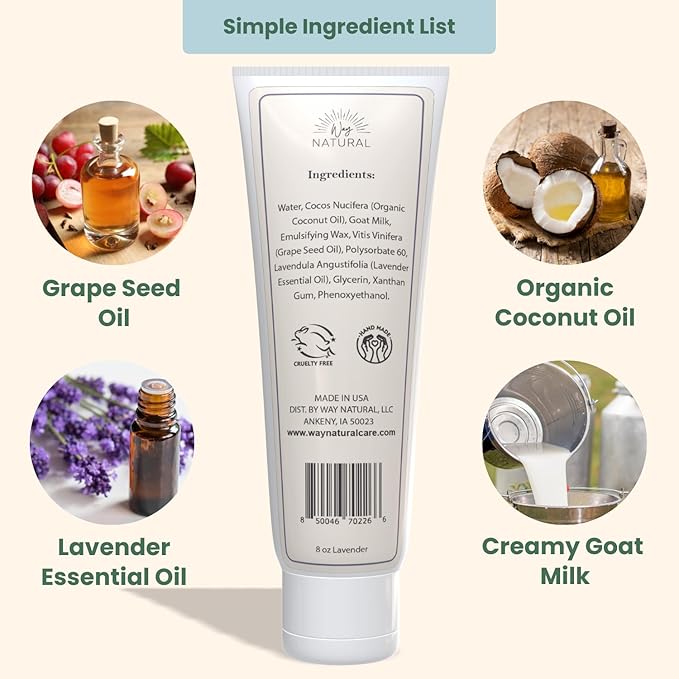 Goat Milk Lotion, Lavender - Home & Away Set, Natural, Body/Hand - Goat Milk Hand Cream for Women and Men - Creamy, Dry Skin Relief - Lavender Lotion - 8oz & 2oz Travel Size Tube