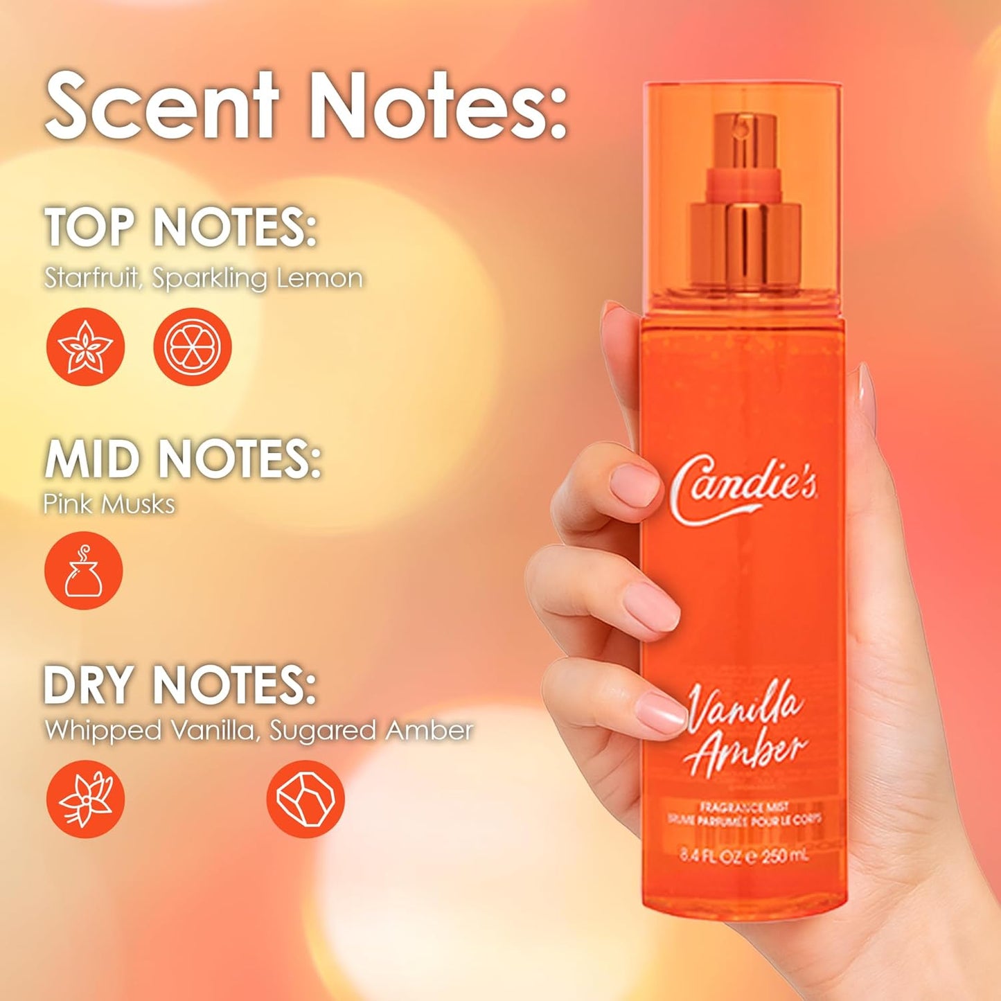 CANDIE'S Vanilla Amber Fragrance Mist - Sweet, Long-Lasting Perfume for Women, Luxurious All-Day Freshness, Ideal Body Cologne for Ladies, Feminine Scent, Lasts All Day, Must-Have Fragrance, 8.4 fl oz