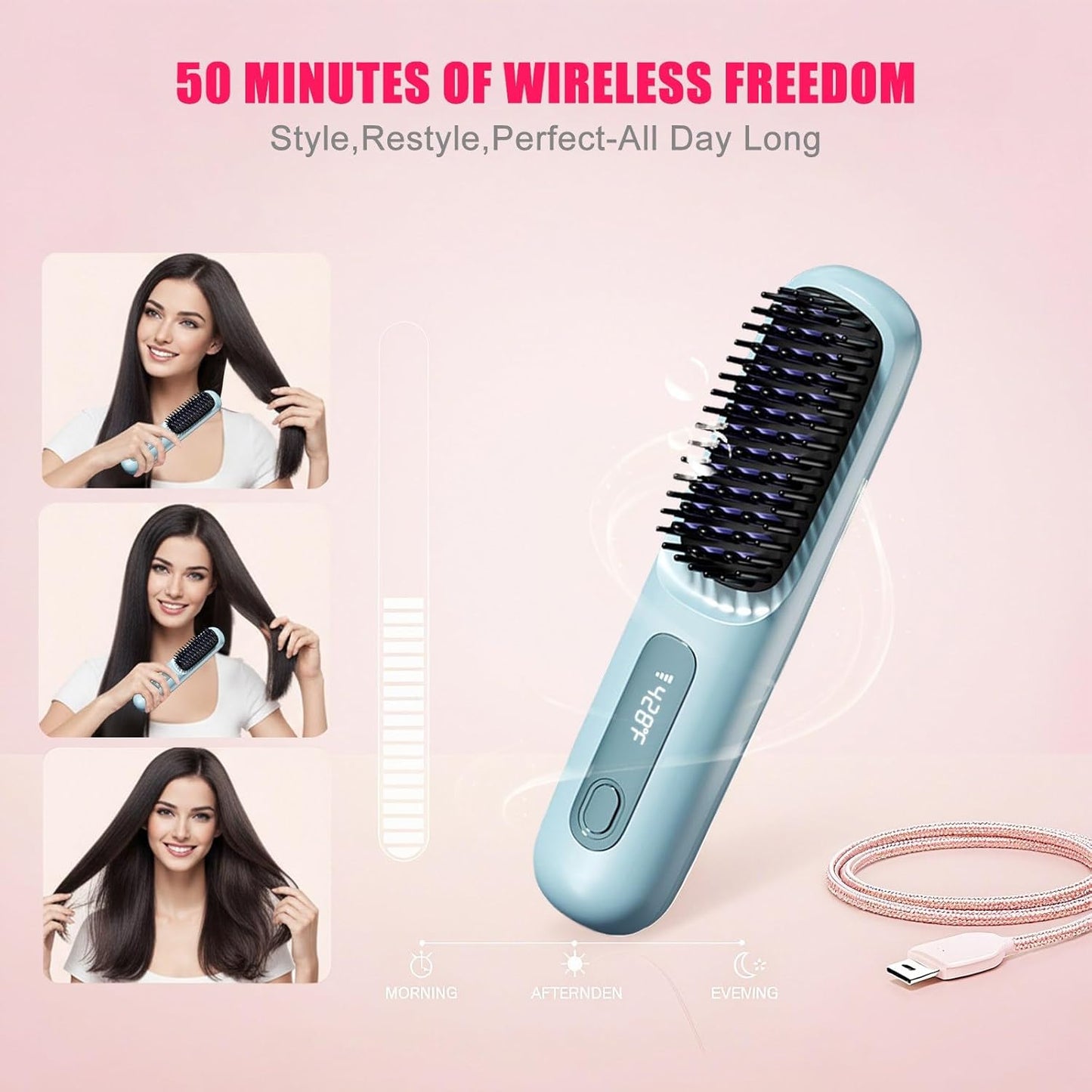 New Go Brush Pro 2025 Cordless Hair Straightener Brush - 20s Fast Heat Up, 50 Min Runtime, 199M Frizz-Fighting Ions, 4-Temp & LED, 3200mAh USB-C, Auto Shut-Off, Travel-Friendly (Blue)