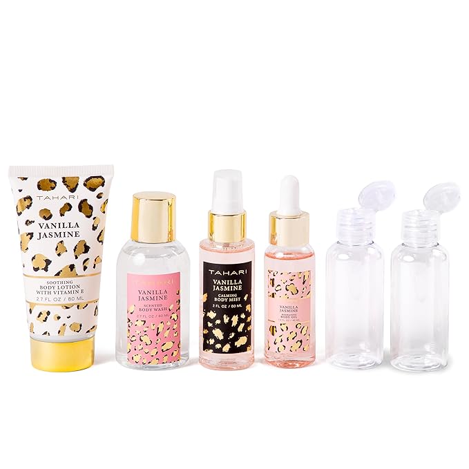 Tahari Vanilla Jasmine Spa Gift Set for Women – Luxurious Bath Kit with Body Lotion, Body Wash & Body Mist & Oil – Perfect Selfcare Gifts for Women (Leopard)