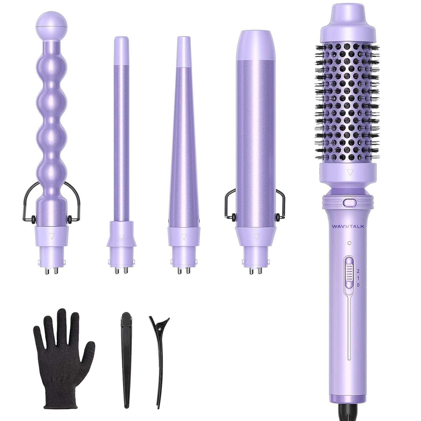 Wavytalk 5 in 1 Curling Iron,Curling Wand Set with Curling Brush and 4 Interchangeable Ceramic Curling Wand(0.5”-1.25”),Instant Heat Up,Include Heat Protective Glove & 2 Clips (Purple)