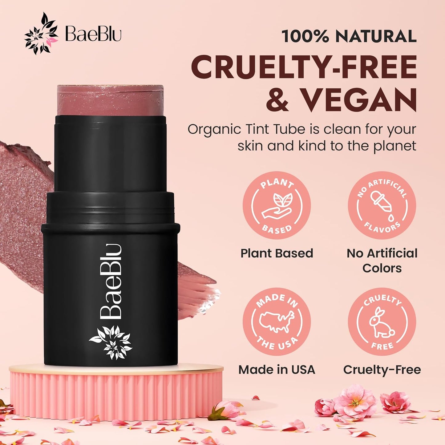 BaeBlu - Organic Blush Tube, Cabernet - 100% Natural Vegan Cream Blush Sticks, Multi-Use Bronzer, & Highlighter for Lips, Cheeks & Eyes, Buildable Shimmer, Gluten-Free, Paraben-Free, Made in USA