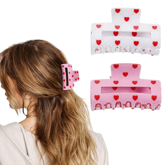 2Pcs Heart Hair Claw Clips for Women, Valentine’s Day Hair Clips, Valentine’s Day Hair Accessories, Cute Red Heart Pattern Design, Non-Slip White Pink Hair Claw for Thin and Thick Hair
