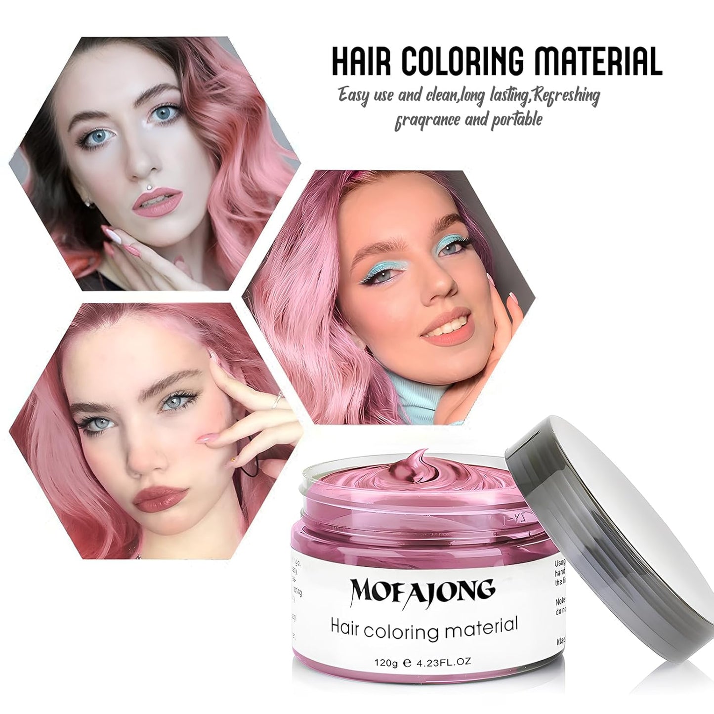 VOLLUCK Temporary Hair Wax Natural Instant Hair Color Wax Pomades 4.23 oz, Dosposable Hair Styling Clay for Party, Festival, Halloween, Christmas, Light Pink