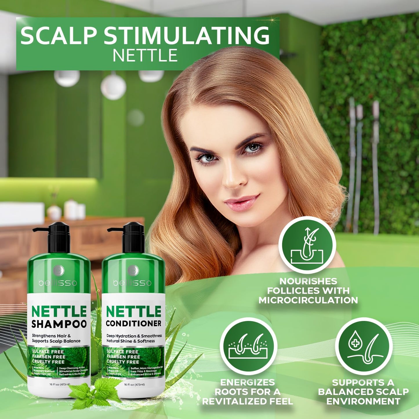 Nettle Shampoo and Conditioner Set - Sulfate Free to Boost Volume - Thickening, Strengthening, Volumizing Formula for Fine and Thinning Hair Women and Men - 16 Fl Oz (Pack of 2)