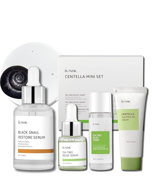 iUNIK Centella Mini Set, Travel Friendly Skincare Set, Ultra calming and hydrating for sensitive skin: Tea Tree Relief Toner,Serum, Centella Calming Gel with Serum