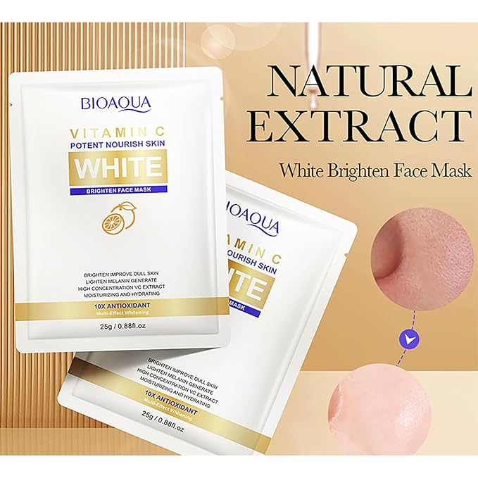 BIOAQUA Vitamin C Facial White Face Mask Orange Extract Moisturizing Hydrating 10x Antioxidant 5x25g/0.88fl.oz