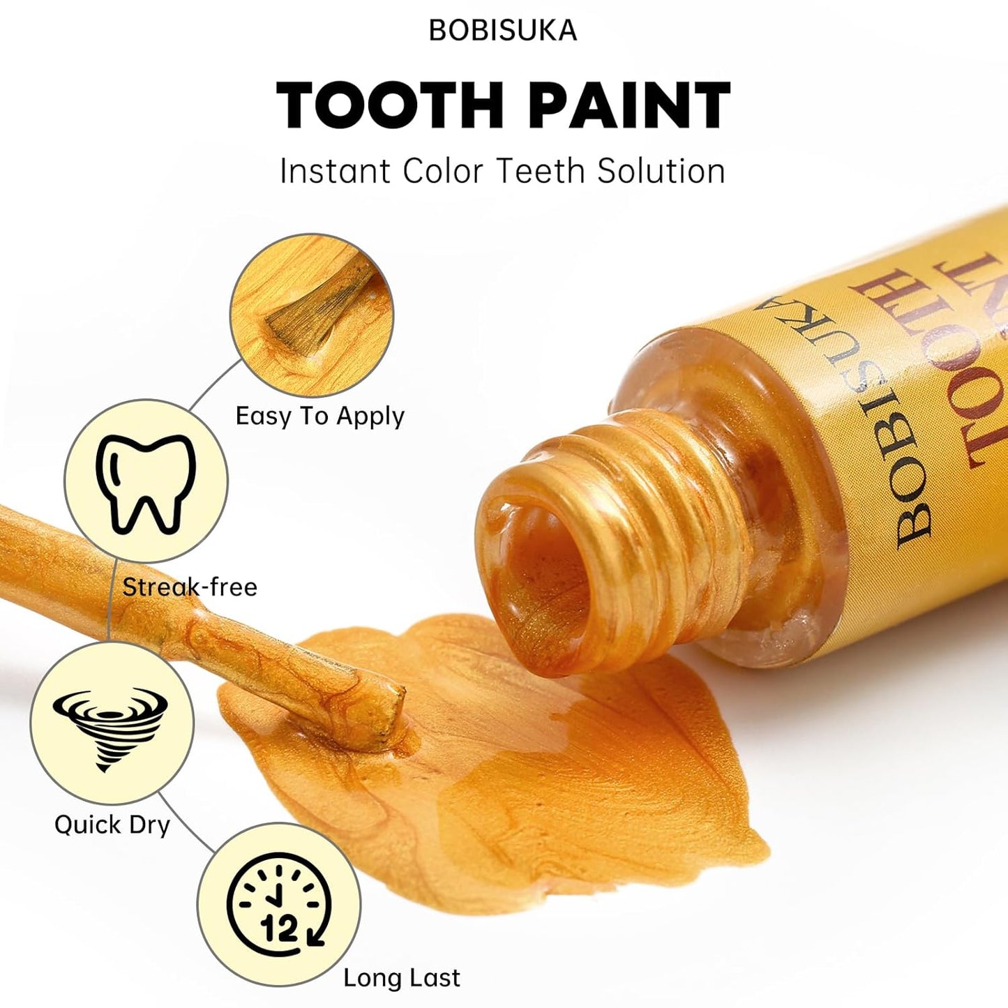BOBISUKA Gold Tooth Paint, Professional Gold Costumed Teeth Paint - No Streak, Safe, Long Last SFX Tooth Makeup Paint, Perfect for Cosplay, Halloween Makeup, Theater, and Special Effects (5 ml)