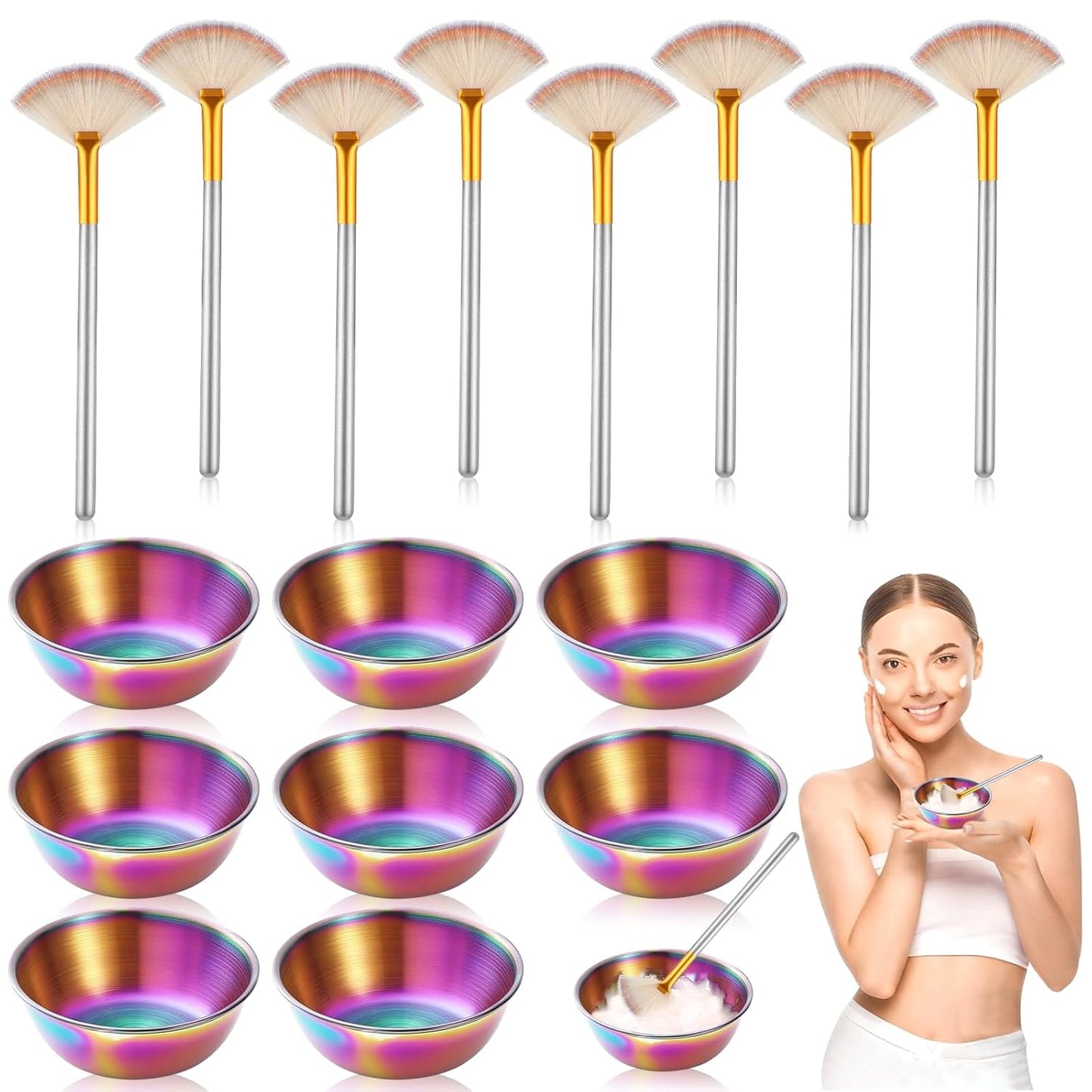 16 Pcs Rainbow Esthetician Supplies 8 Facial Fan Brushes Esthetician 8 Rainbow Stainless Steel Mixing Bowls Face Mask Brush Facial Bowls Esthetician for Mud Cream Makeup Spa Salon Women