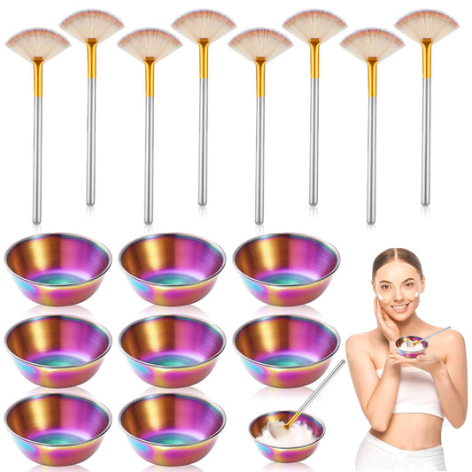 16 Pcs Rainbow Esthetician Supplies 8 Facial Fan Brushes Esthetician 8 Rainbow Stainless Steel Mixing Bowls Face Mask Brush Facial Bowls Esthetician for Mud Cream Makeup Spa Salon Women