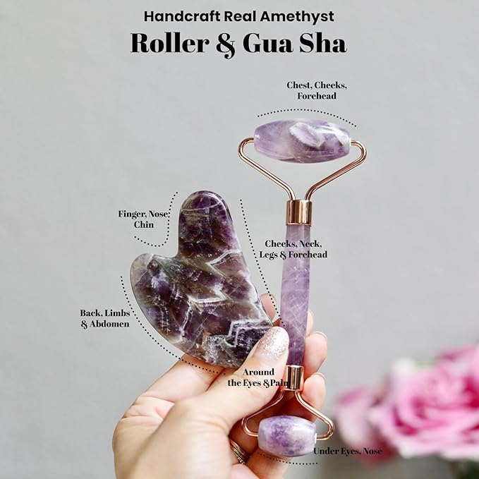 ROSELYNBOUTIQUE Gua Sha Facial Tools & Face Roller for Wrinkless Natural Skincare Tool Jade Roller Guasha Tool for Face (Amethyst)