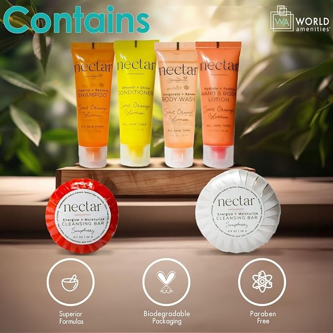 Nectar Mini Travel Size Toiletries Bathroom Kit | Sweet Orange Blossom| Shampoo, Conditioner, Body Wash, Lotion, Two Round Cleansing Bars & Body Bar
