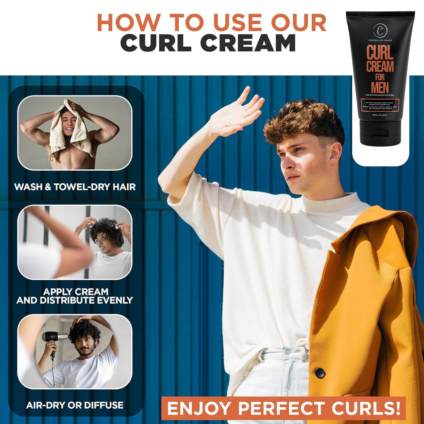 Controlled Chaos Curl Cream for Men - Hair Styling Cream For Wavy and Curly Hair With Shea Butter, Jojoba Oil, Coconut Oil, add Smoothness, Anti-frizz, Sulfate-Free Curl Cream (5oz)