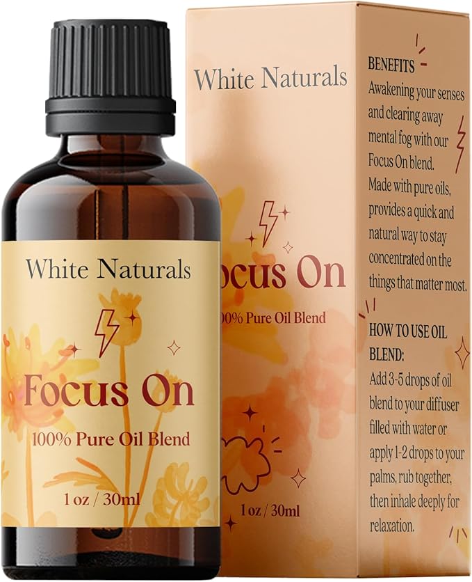 White Naturals Focus On Essential Oil Blend – Refreshing Aromatherapy Oil for Clarity & Attention, 100% Pure & Natural Essential Oils for Productivity, 1oz