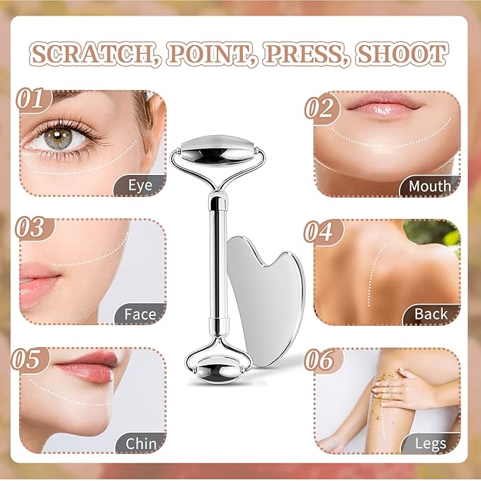 Aresvns Stainless Steel Facial Roller & Gua Sha - Metal Gua Sha, Gua Sha Facial Tools Stainless Steel, Face Body Treatment, Reduce Puffiness, Lymphatic Drainage, Facial Tension