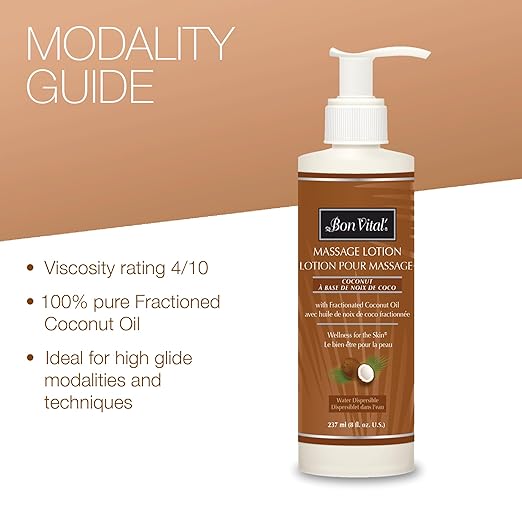 Bon Vital' Coconut Massage Lotion with 100% Pure Fractionated Coconut Oil, Lightweight Massage Lotion, Provides a Massage with Intense Skin Hydrating and Moisturizing 8 Oz, Label may Vary