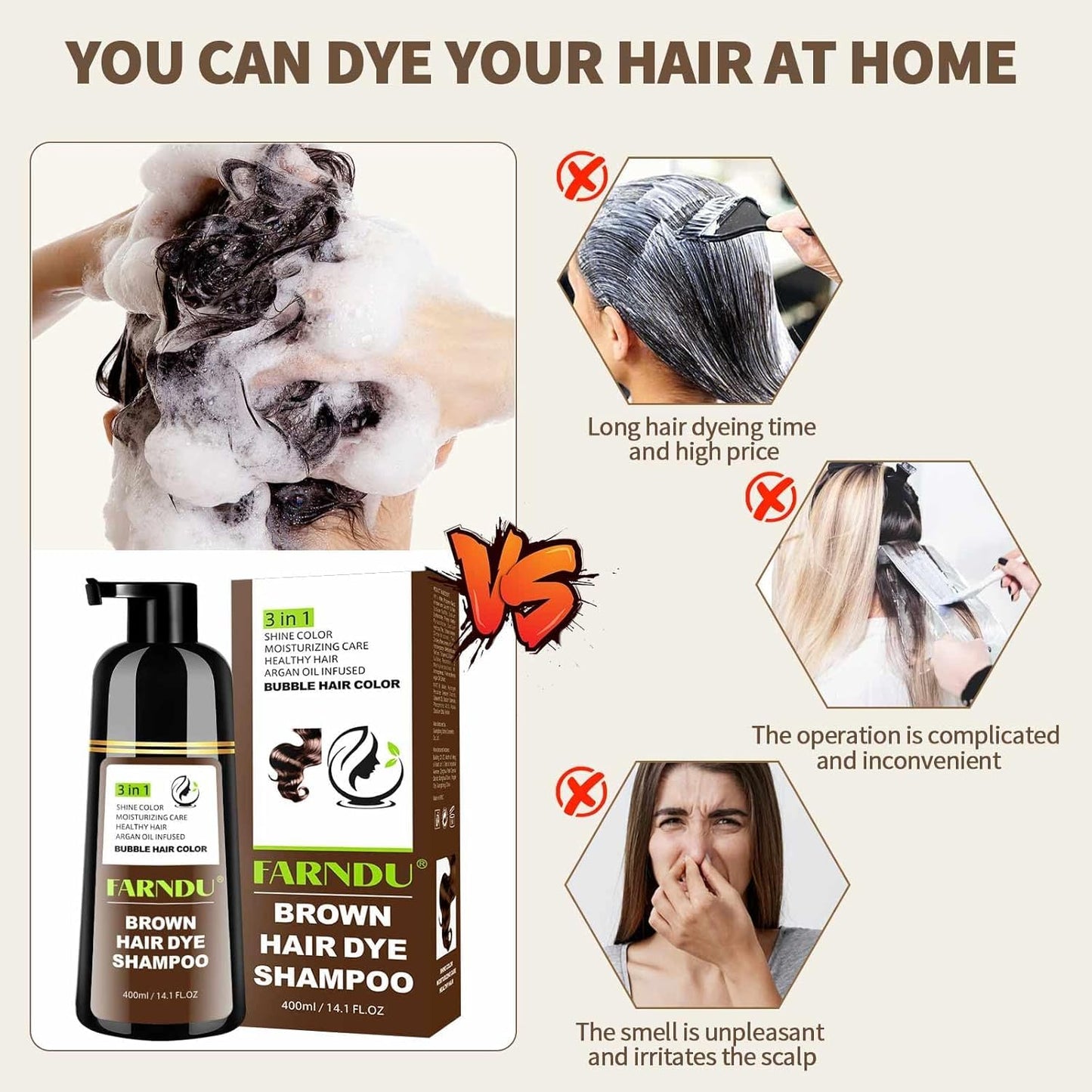 Brown Hair Dye Shampoo, 3 in 1 Instant Hair Color with 15 Min Gray Coverage, Natural Semi-Permanent Herbal Shampoo for Men & Women