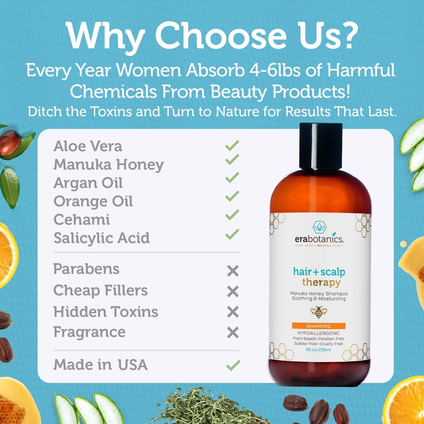 Era Organics Manuka Honey Dry Scalp Shampoo - Sulfate Free, Soothing and Moisturizing for Damaged Hair - Family Friendly for Women or Men