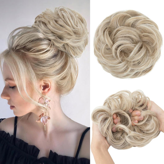 CJL HAIR Large Messy Bun Hair Piece Wavy Curly Scrunchies Synthetic Chignon Ponytail Hair Extensions Thick Updo Hairpieces for Women Ivory Grey