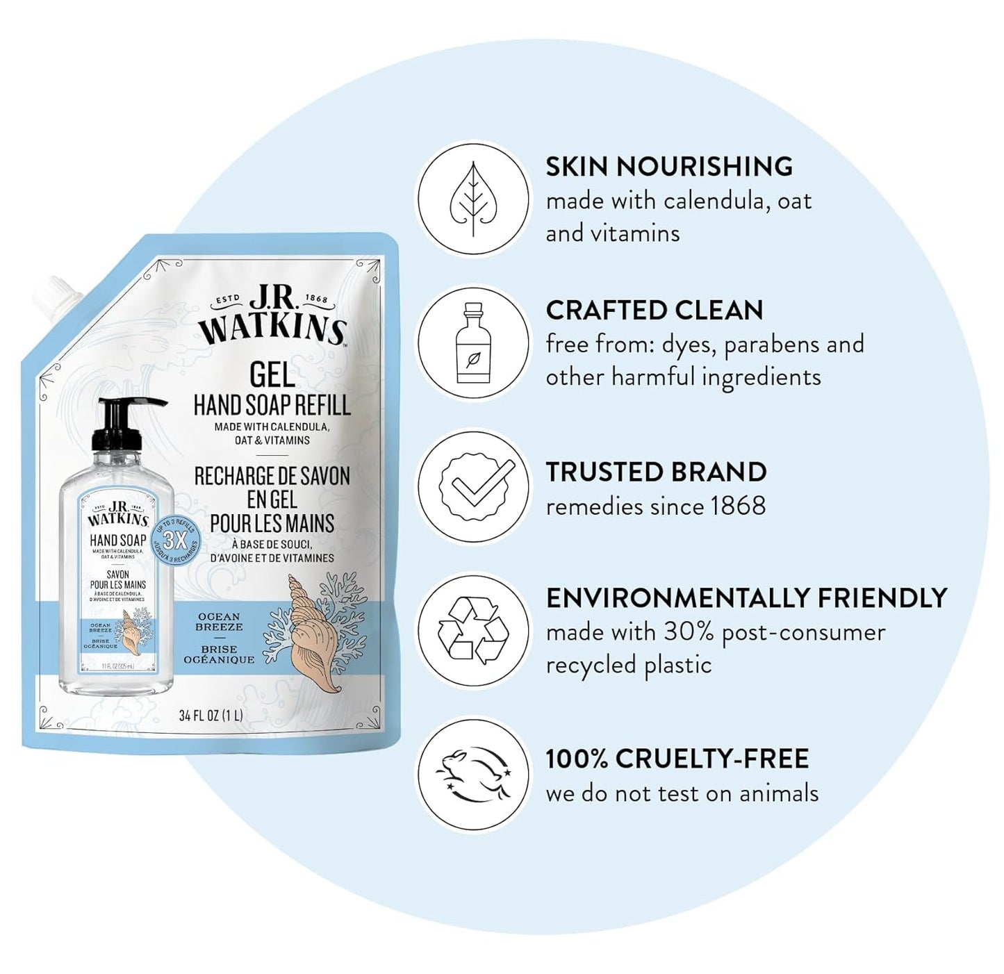 J.R. Watkins Gel Hand Soap Refill, Moisturizing Hand Wash, Formulated with Plant-Based Cleansers, Alcohol-Free, Cruelty-Free, Ocean Breeze, 34 Fl Oz, 2 Pack