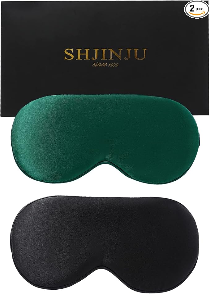 2-Pack 100% Real Natural Silk Eye Mask, Silk Sleeping Mask, Shade Puffy Eye Gift with Adjustable Straps, Sleep Eye Mask, SHJINJU Eye Mask Shade (Black and Dark Green)