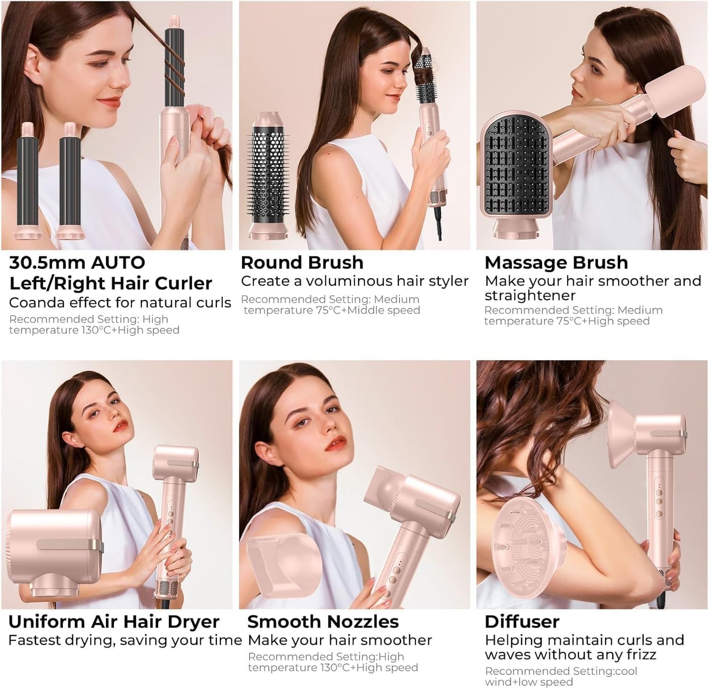 7 in ONE Hair Dryer Brush, Powerful Blow Dryer Brush with Air Curler for Hair, Brush Blow Dryer with Diffuser, Ionic Hot Air Brush Fast Dry, Volumize, Curls, Straight, Hair Styling Tools 100-120V