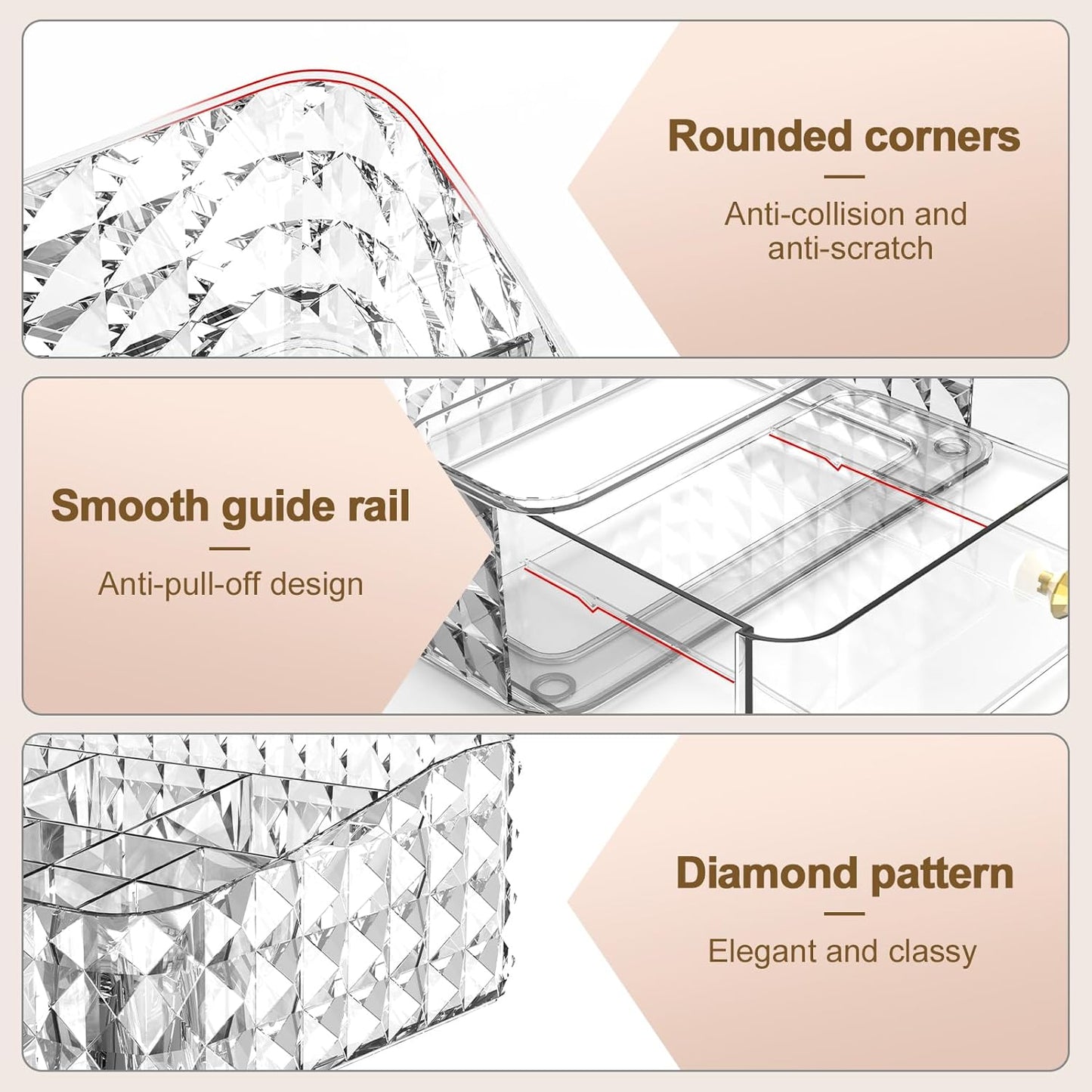 Makeup Organizer for Vanity, Stackable Cosmetics Organizer and Storage, Cosmetic Display Cases with 2 Drawers and 1 Tray for Makeup Brush, Hair Accessories, Lipstick and Jewelry, Clear