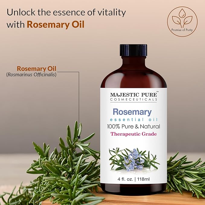 MAJESTIC PURE Rosemary Essential Oil with Glass Dropper | 100% Pure and Natural Rosemary Oil | Therapeutic Grade Essential Oils for Diffusers, Skin, Aromatherapy, Massage | 4 Fl Oz