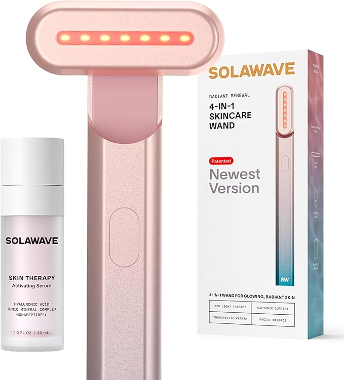 Solawave 4-in-1 Radiant Renewal Facial Wand & Skin Therapy Serum Bundle | Red Light Therapy for Face and Neck | Galvanic Skincare Wand & Massager | Anti-Aging Wrinkle Reduction | Solawave Original