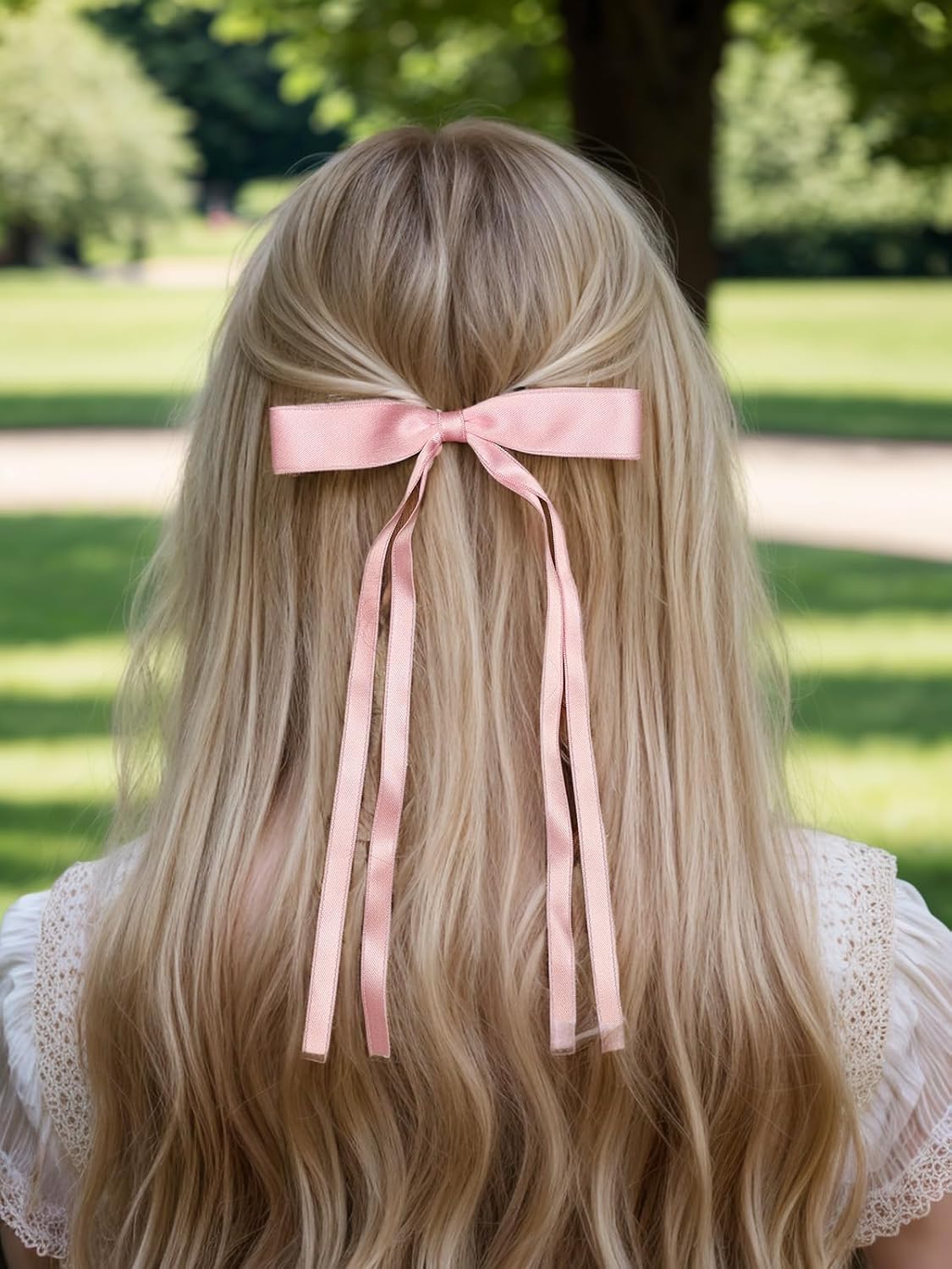 Women's Hair Clips with Tassels, Ribbon Bowknot & Long Tails - 4pcs Barrettes Claw Clips with Bows (Pink, Light Blue, White, Red)