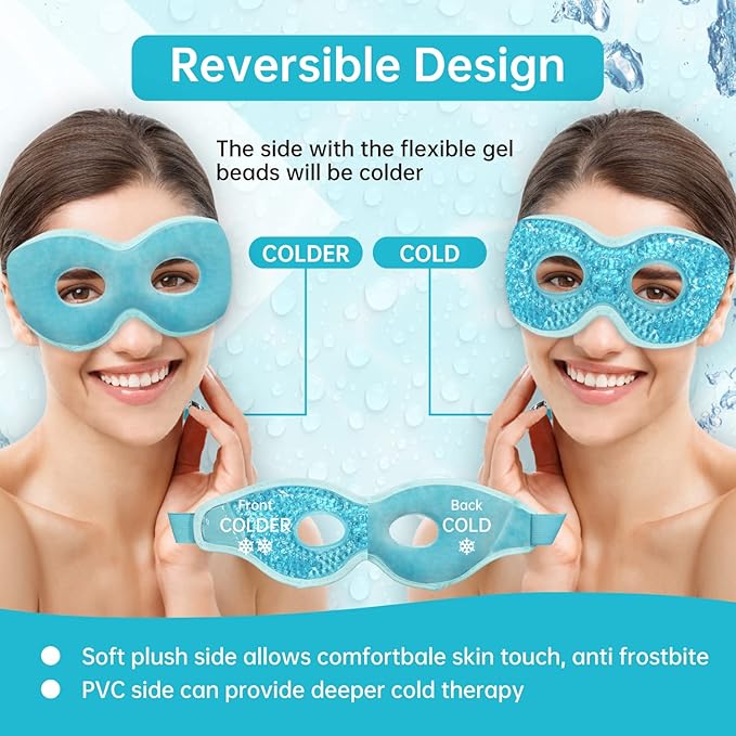 2 PCS Ice Eye Mask Reusable Ice Pack Hot/Cold Compress Gel Bead Cooling Mask for Puffiness/Dark Circles/Headaches/Migraines/Stress Relief (Blue)