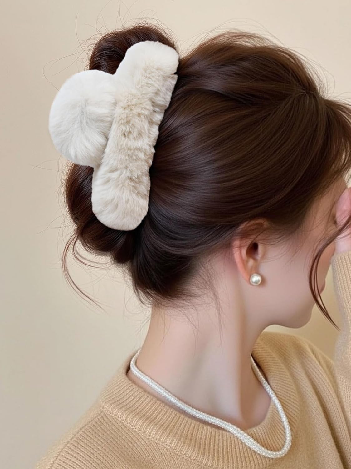 ACECHA 2 Pack Large Fluffy Fuzzy Hair Claw Clips for Women, 5.9" Winter Fur Furry Hairclips, Soft Plush Aesthetic Hair Accessories for Christmas Halloween New Year Party (Coffee & Off-white)