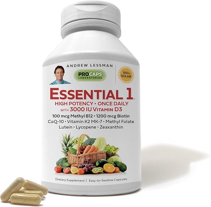 ANDREW LESSMAN Essential-1 Multivitamin 3000 IU Vitamin D3 360 Small Capsules – 100 mcg Methyl B12. CoQ10 Lutein Lycopene Zeaxanthin. High Potency. No Additives. Gentle Ultra-Mild. One Daily Capsule