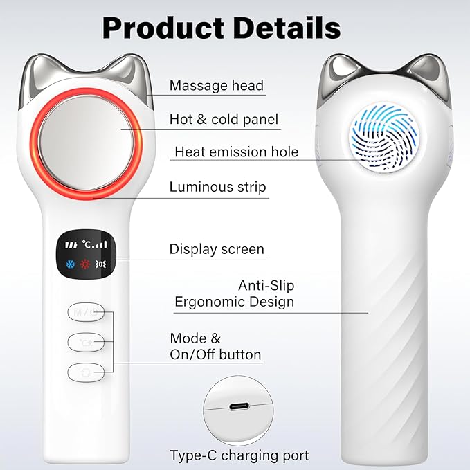 Cool and Hot Facial Firming Device, Light Face Tool with Vibration, Facial Massager with 8-21°C Cold, 38-47°C Hot, Electric Skin Care Kit