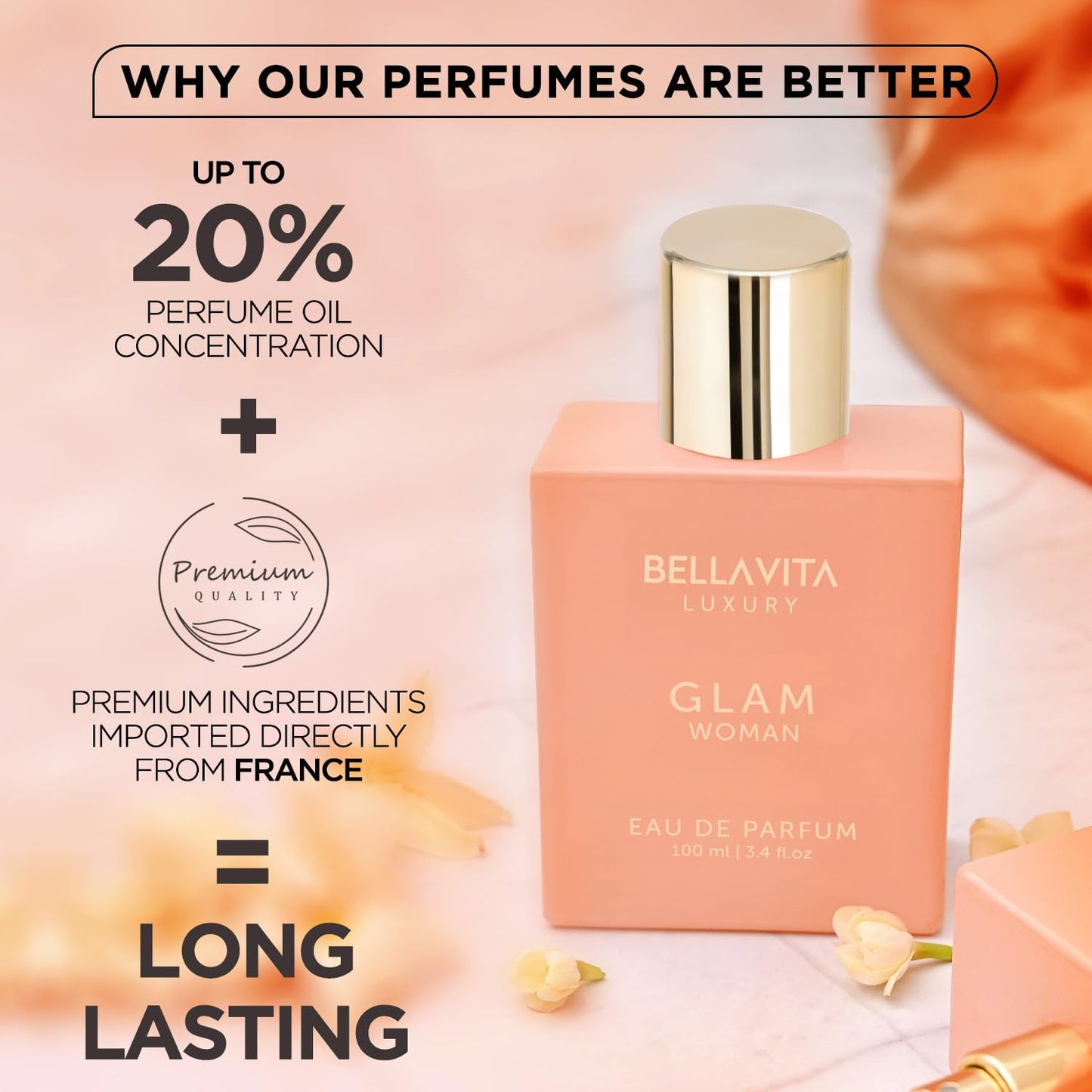 BellaVita Luxury GLAM Perfume for women | Notes of African Orange, Jasmine & Patchouli | Long-Lasting Floral & Woody Fragrance | Premium Perfume Oil imported from France, 100ml
