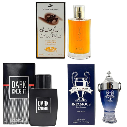 3Pack Men Colognes Choco Musk&Dark Knight&Victory Infamous Eau De Parfume Spray with Woody Floral & Fruity Scent Perfume Gift Set Day to Night Luxury Fragrances