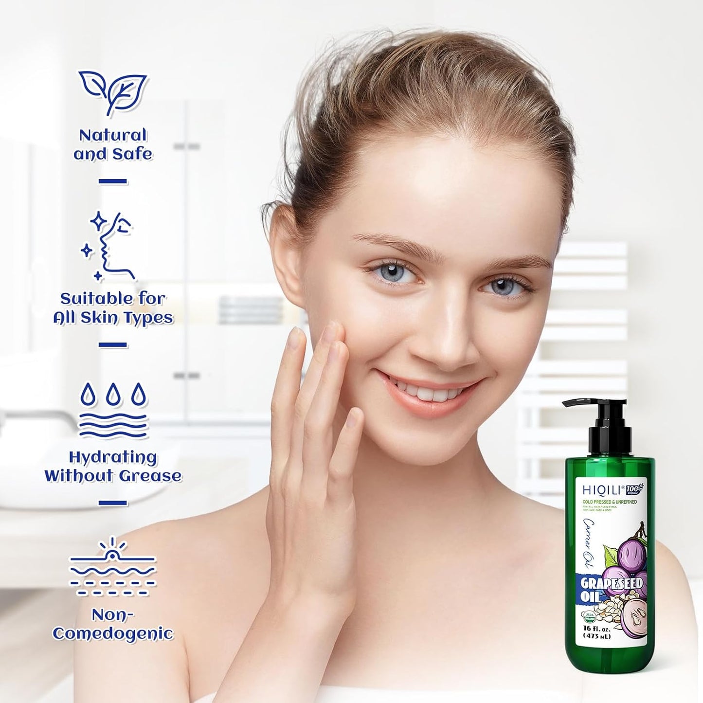 HIQILI 16 Fl Oz Organic Grapeseed Oil for Hair, for Skin, Carrier Oil for Essential Oils Mixing, 100% Pure & Natural-473ML