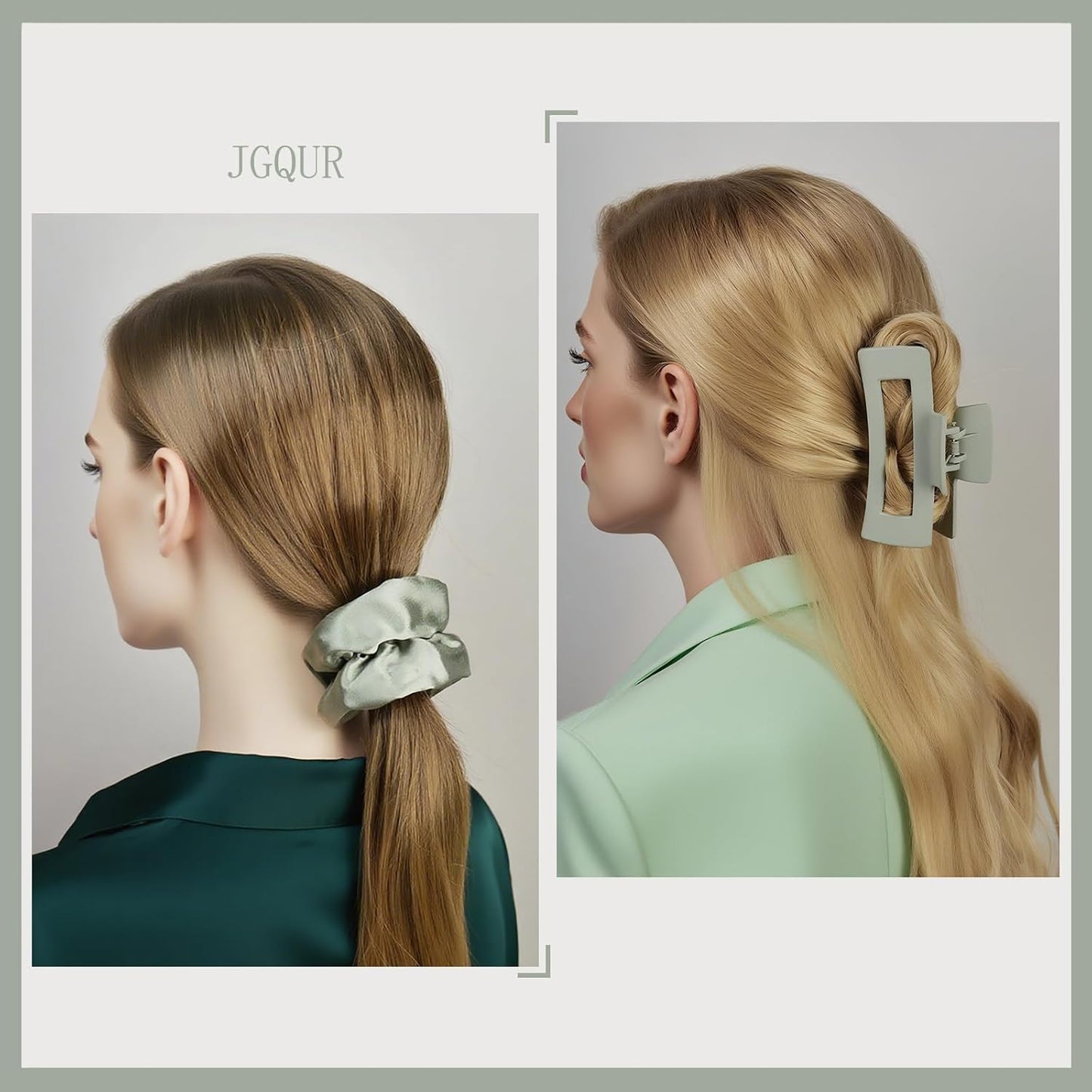 8Pcs Green Hair Clips and Scrunchies Set - Square Hair Claw Clips for Women, Medium Non-Slip Matte, Large Satin Scrunchies for Thick Thin Hair Accessories, Gift for Her